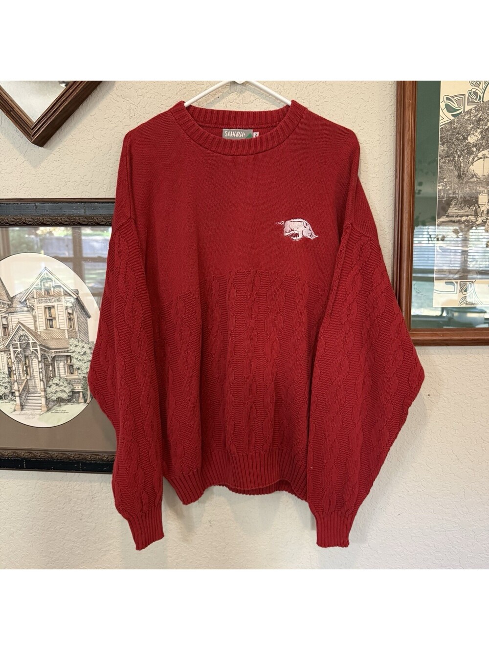 Vintage 90s University Of Arkansas Razorbacks Sahara Red Cable Knit Sweater 2XL